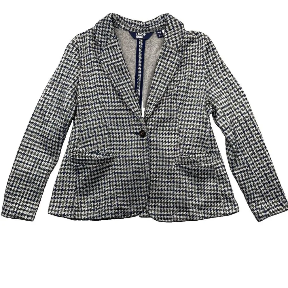 Lands’ End Knit Blazer M Petite Gray Houndstooth Blue Green One Button Career